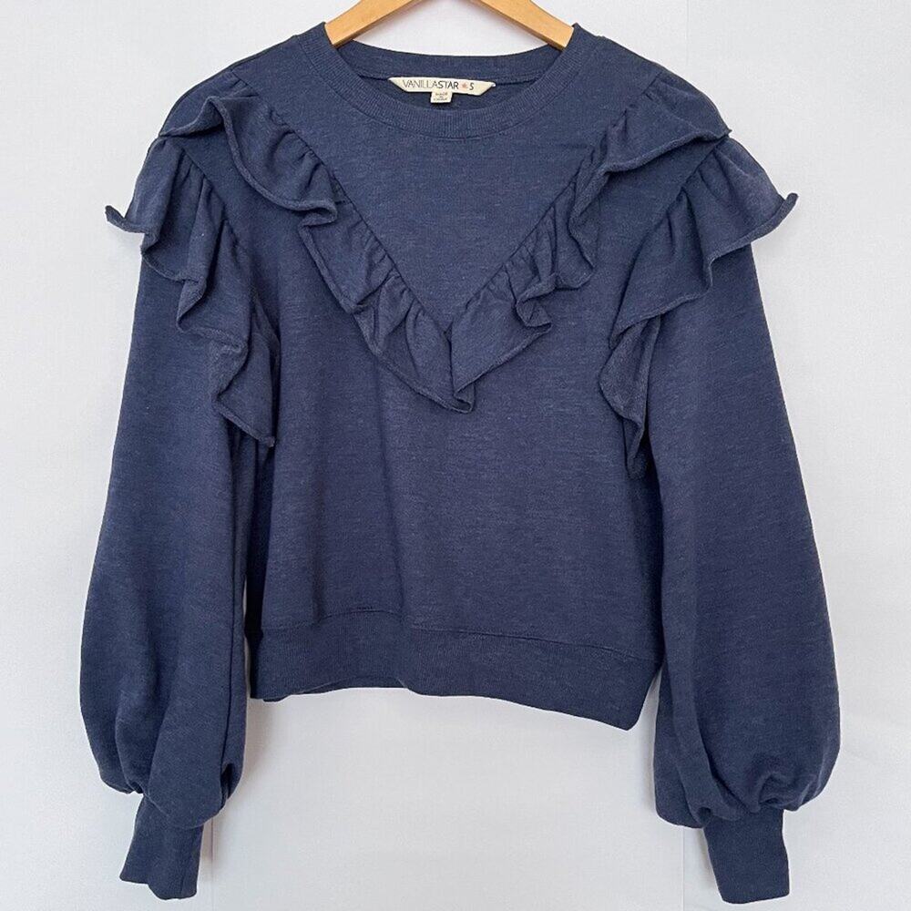 Vanilla Star Ruffle Crop Sweatshirt Sweater Balloon Sleeve Terry Size Small Blue